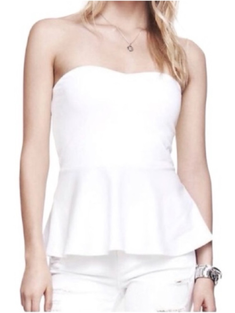 NEW Express White Strapless Sweetheart Neck Ponte Knit Peplum Hem Top Size Small